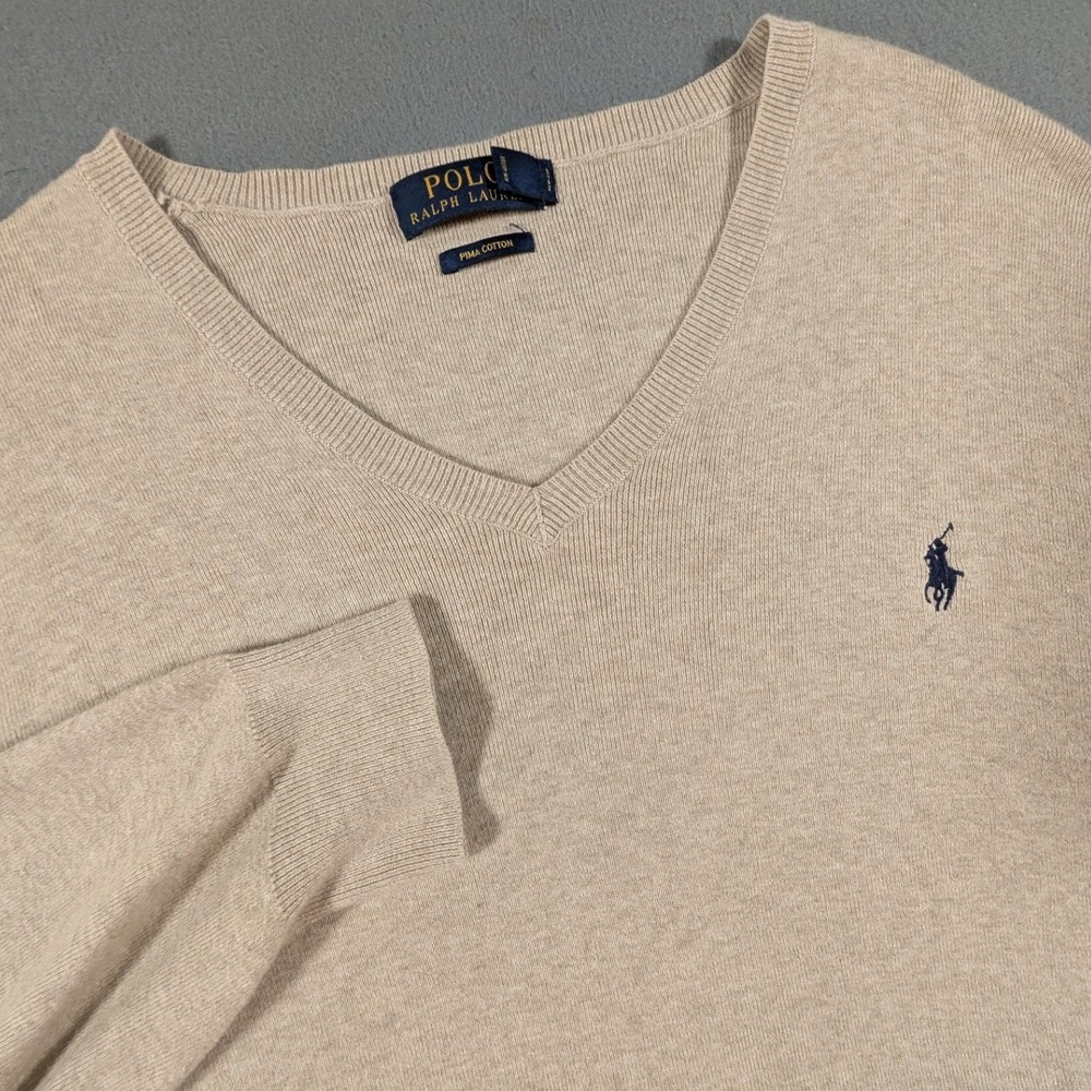 Polo Ralph Lauren V-Neck Sweater Mens Large Tan Pima Cotton Long Sleeve